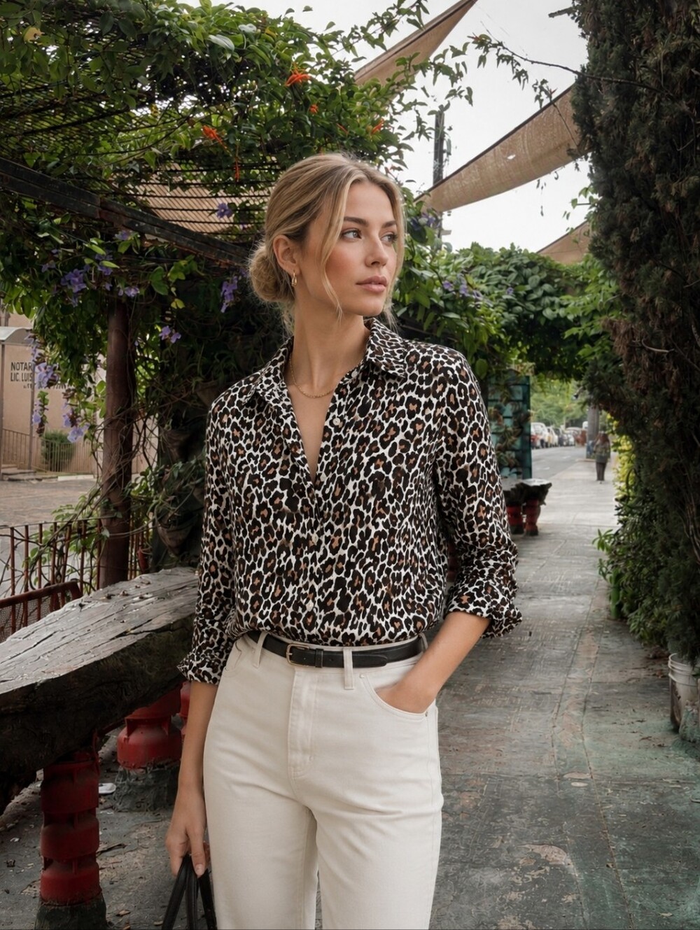 J. Jill Leopard Print Button-Up Shirt - Black, White & Brown Size 12